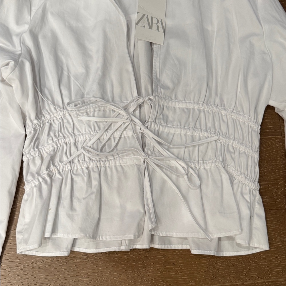 ZARA White Ruched Tie Front Blouse Peplum Top NWT size XL - Picture 4 of 4